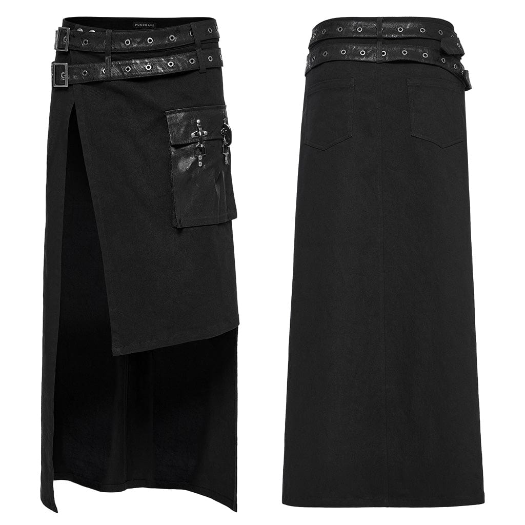 PUNK RAVE Men's Punk Asymmetric Long Kilt