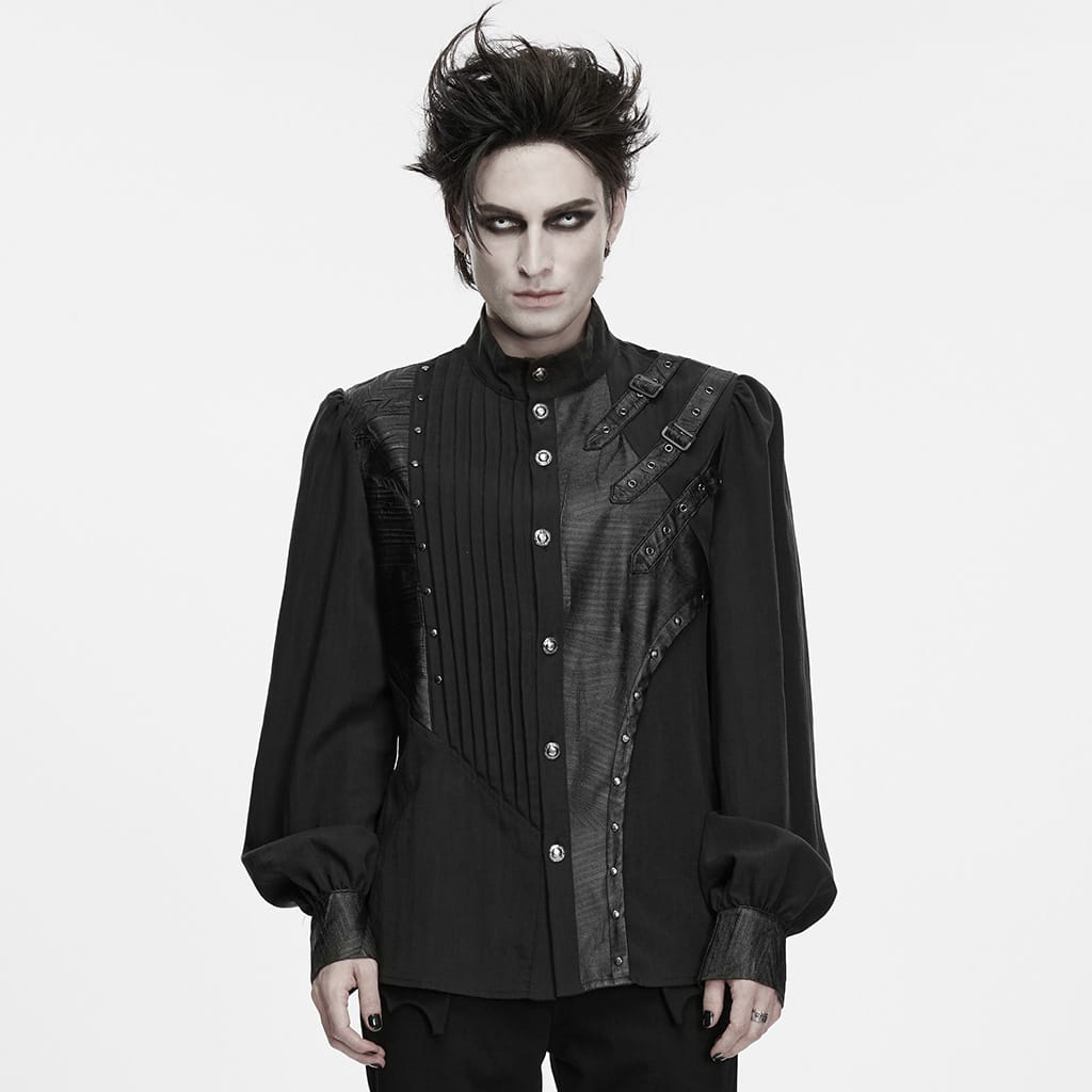 PUNK RAVE Men's Punk Asymmetric Pleated Stand Collar Bishop Sleeve Shirt
