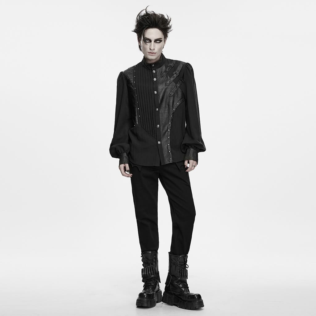 PUNK RAVE Men's Punk Asymmetric Pleated Stand Collar Bishop Sleeve Shirt