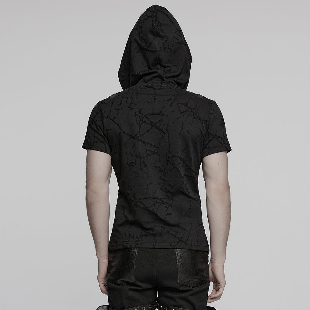 PUNK RAVE Men's Punk Big-pocket Buckle Strap Hooded T-shirt