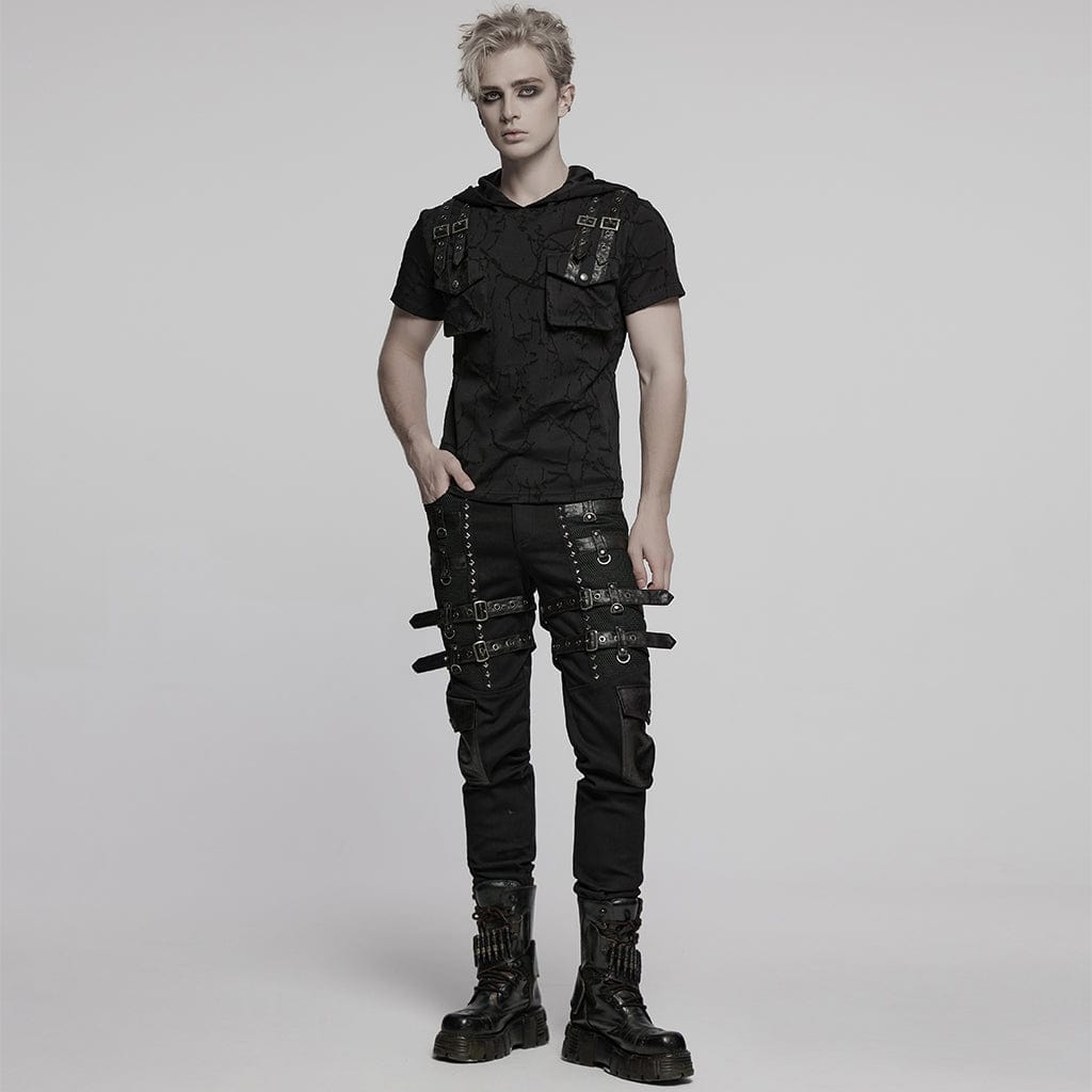 PUNK RAVE Men's Punk Big-pocket Buckle Strap Hooded T-shirt