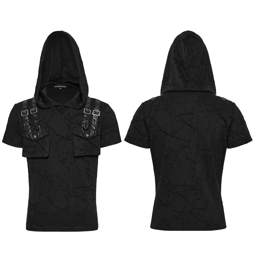 PUNK RAVE Men's Punk Big-pocket Buckle Strap Hooded T-shirt