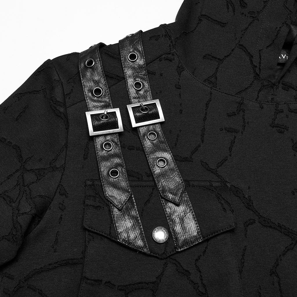 PUNK RAVE Men's Punk Big-pocket Buckle Strap Hooded T-shirt