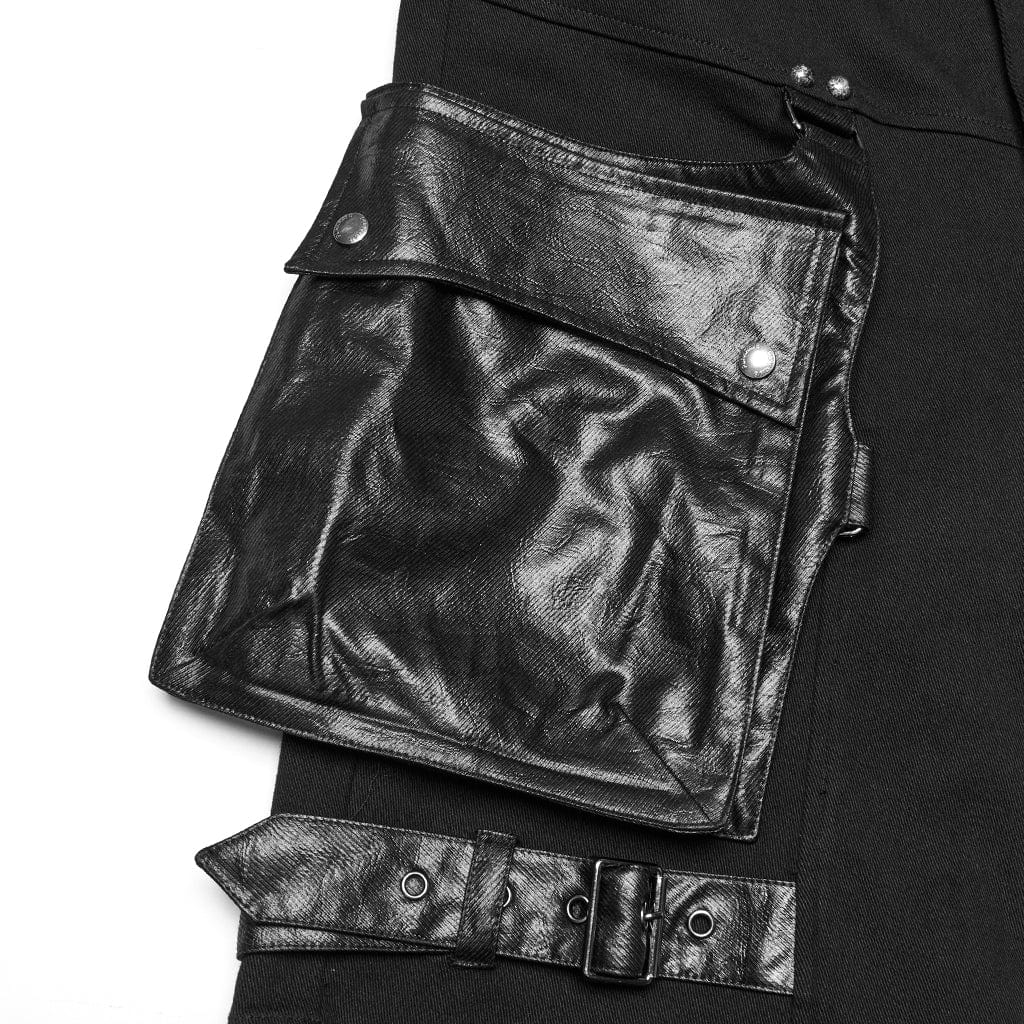 PUNK RAVE Men's Punk Big-pocket Faux Leather Splice Shorts