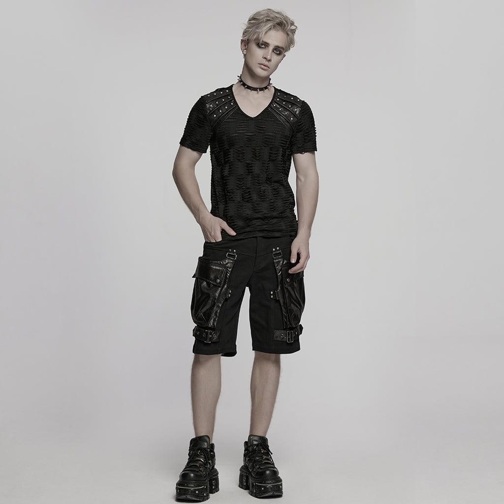 PUNK RAVE Men's Punk Big-pocket Faux Leather Splice Shorts
