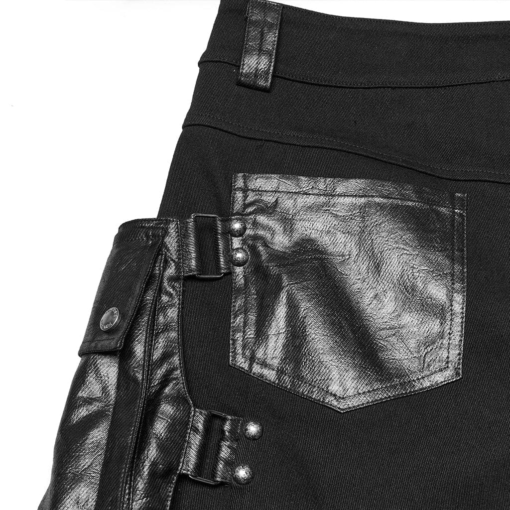 PUNK RAVE Men's Punk Big-pocket Faux Leather Splice Shorts