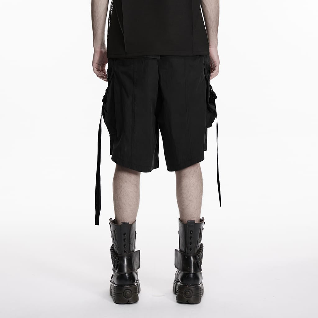 PUNK RAVE Men's Punk Big Pocket Strappy Shorts Black