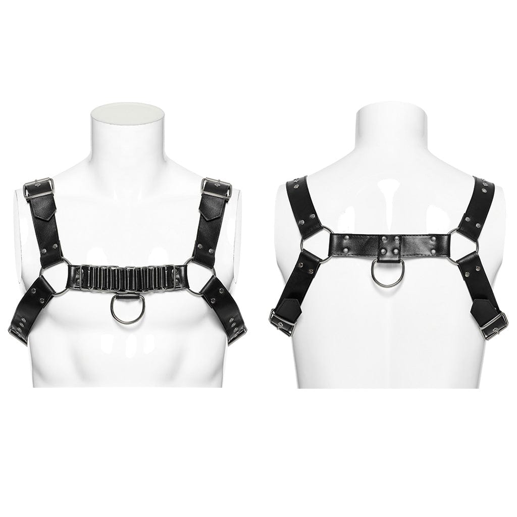 PUNK RAVE Men's Punk Buckle Pleated Faux Leather Harness