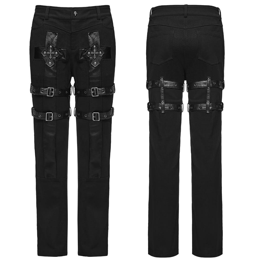 PUNK RAVE Men's Punk Buckle Strap Cross Patchwork Pants