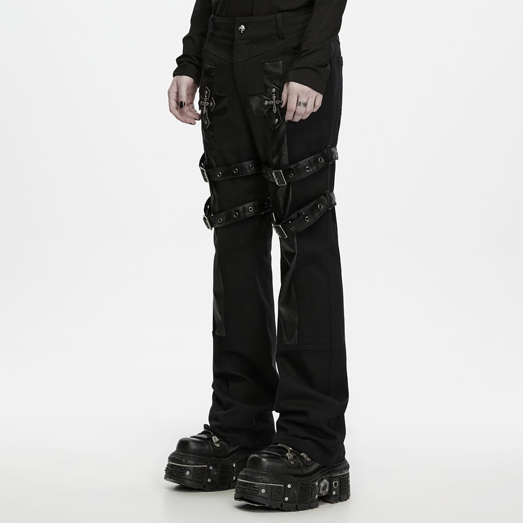 PUNK RAVE Men's Punk Buckle Strap Cross Patchwork Pants