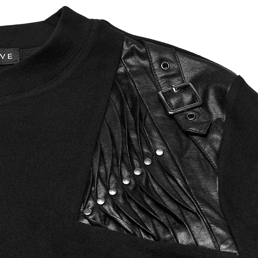 PUNK RAVE Men's Punk Buckle Strap Pleated Eyelet Top