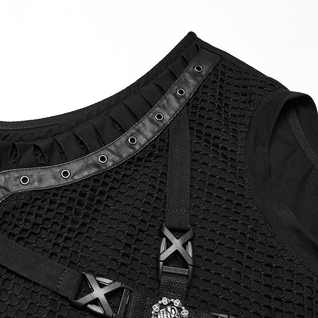 PUNK RAVE Men's Punk Buckle Strap Splice Mesh Vest