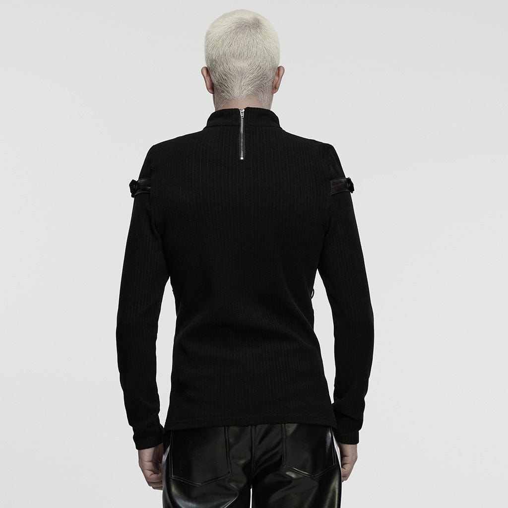 PUNK RAVE Men's Punk Buckle Strap Splice Stand Collar Top