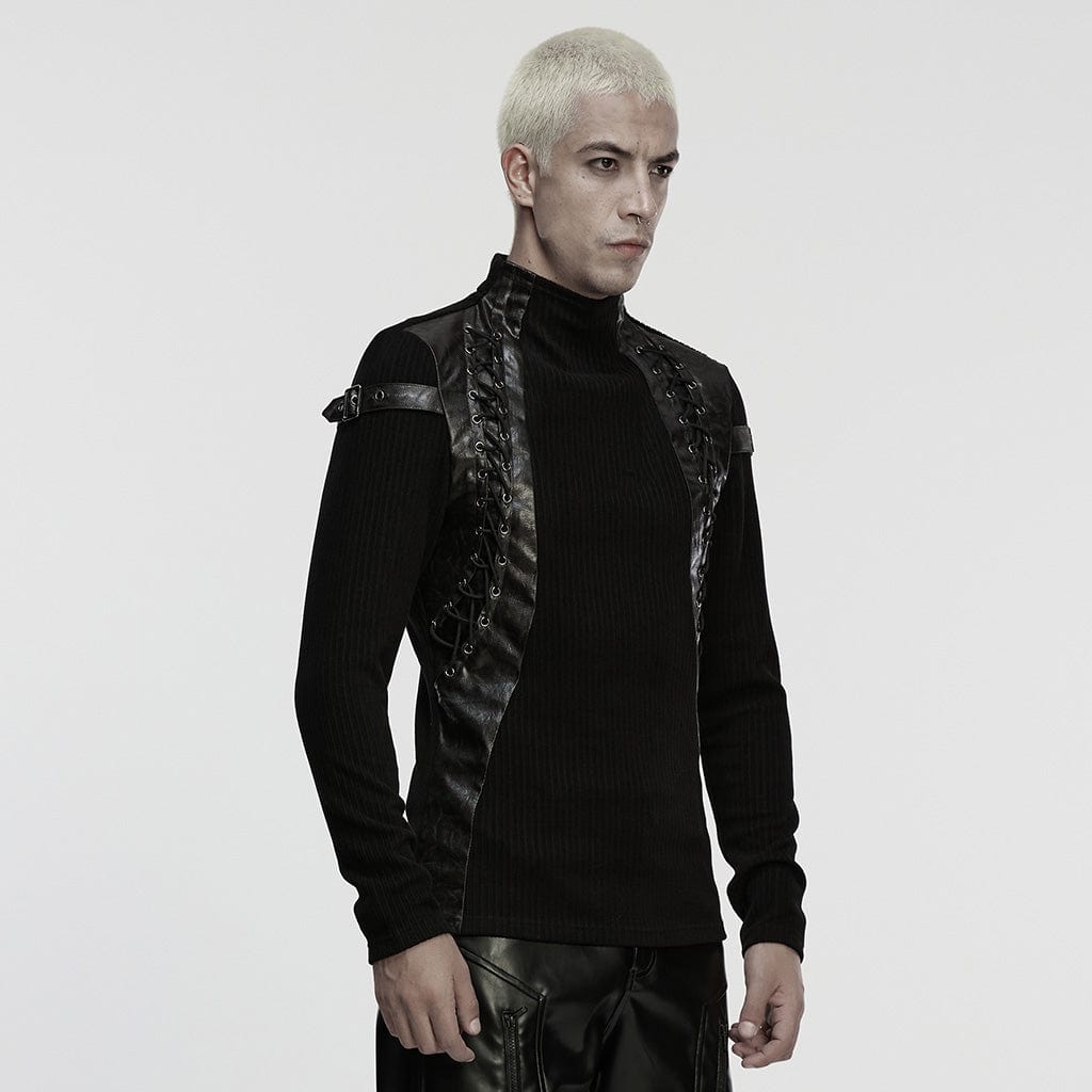 PUNK RAVE Men's Punk Buckle Strap Splice Stand Collar Top