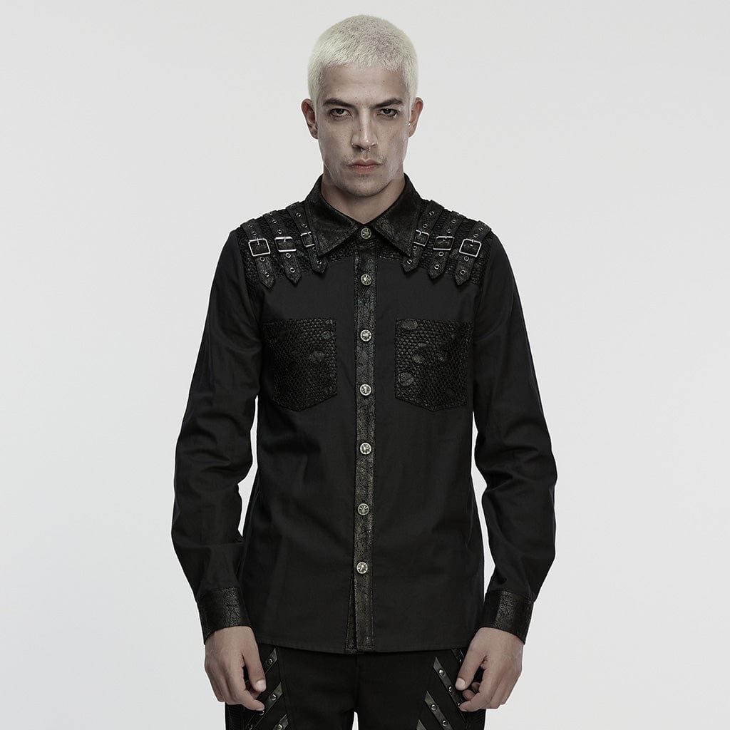 PUNK RAVE Men's Punk Buckle Strap Splice Turn-down Collar Shirt