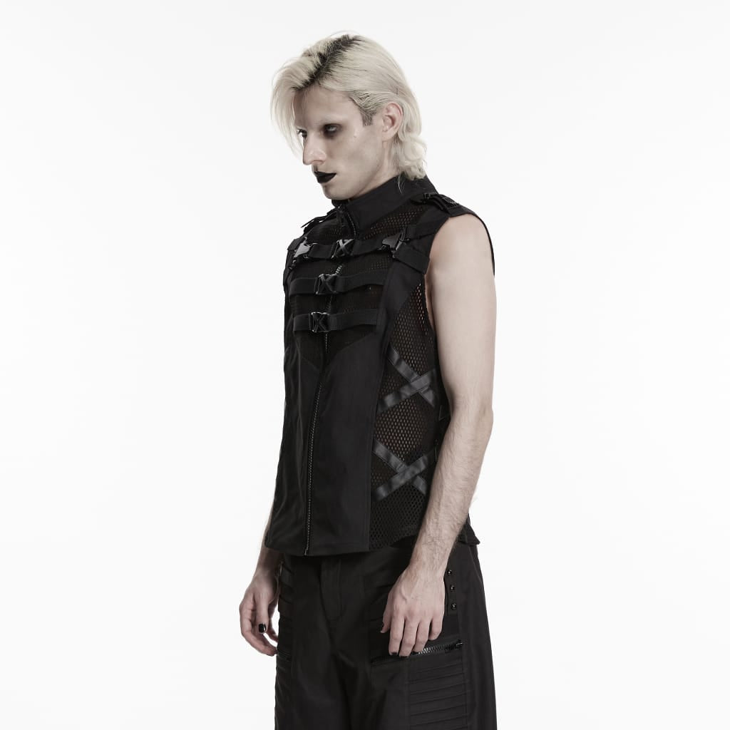 PUNK RAVE Men's Punk Buckle Straps Mesh Splice Vest
