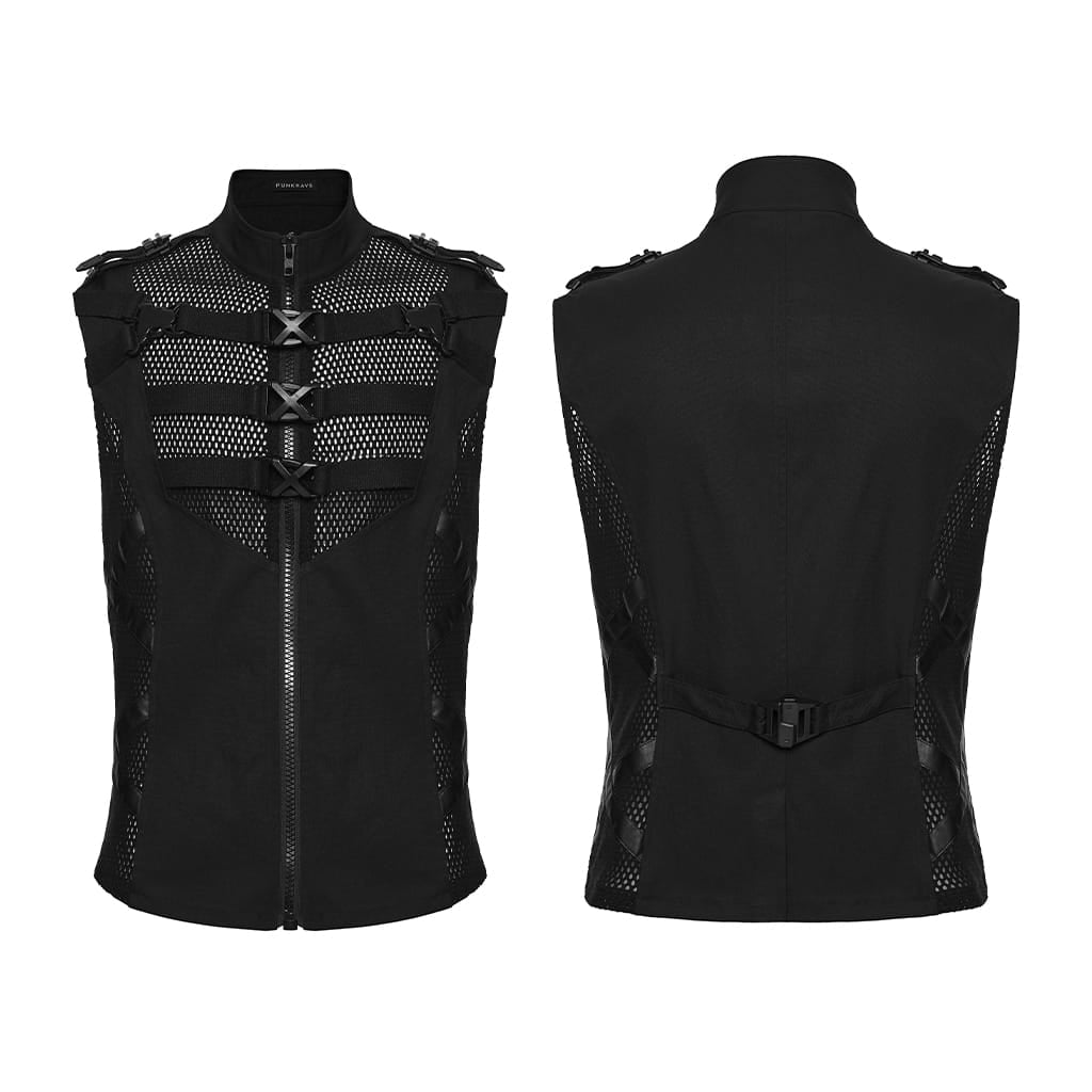 PUNK RAVE Men's Punk Buckle Straps Mesh Splice Vest