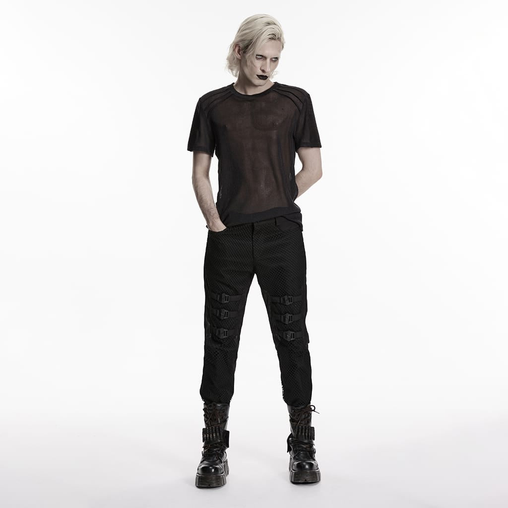 PUNK RAVE Men's Punk Buckle Straps Patchwork Pants