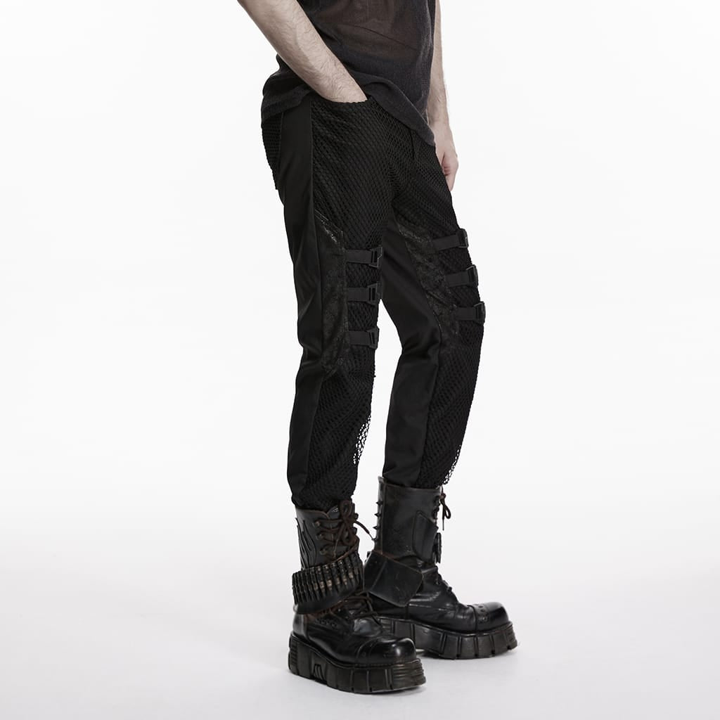 PUNK RAVE Men's Punk Buckle Straps Patchwork Pants