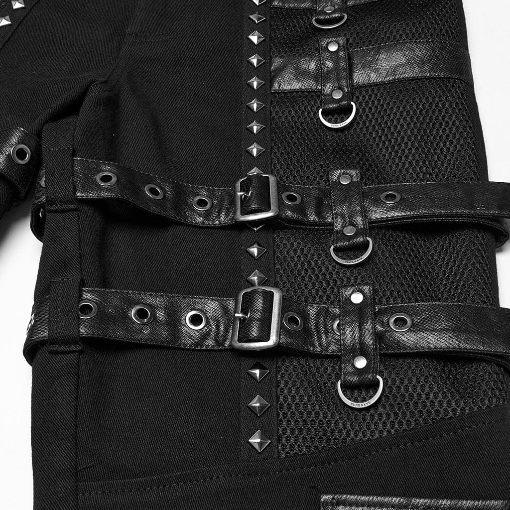 PUNK RAVE Men's Punk Buckle Straps Studded Mesh Splice Pants
