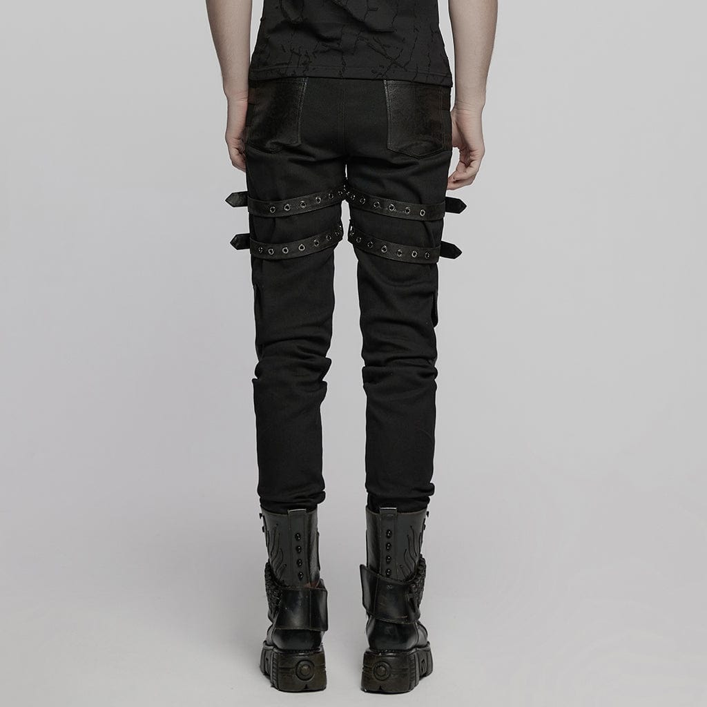 PUNK RAVE Men's Punk Buckle Straps Studded Mesh Splice Pants
