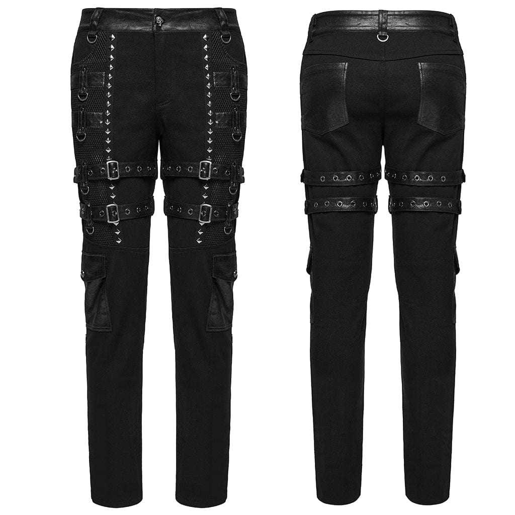 PUNK RAVE Men's Punk Buckle Straps Studded Mesh Splice Pants