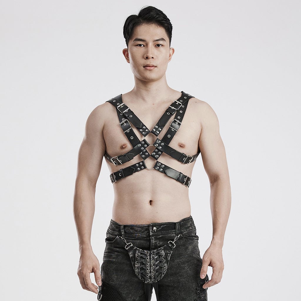 PUNK RAVE Men's Punk Crossed Faux Leather Harness