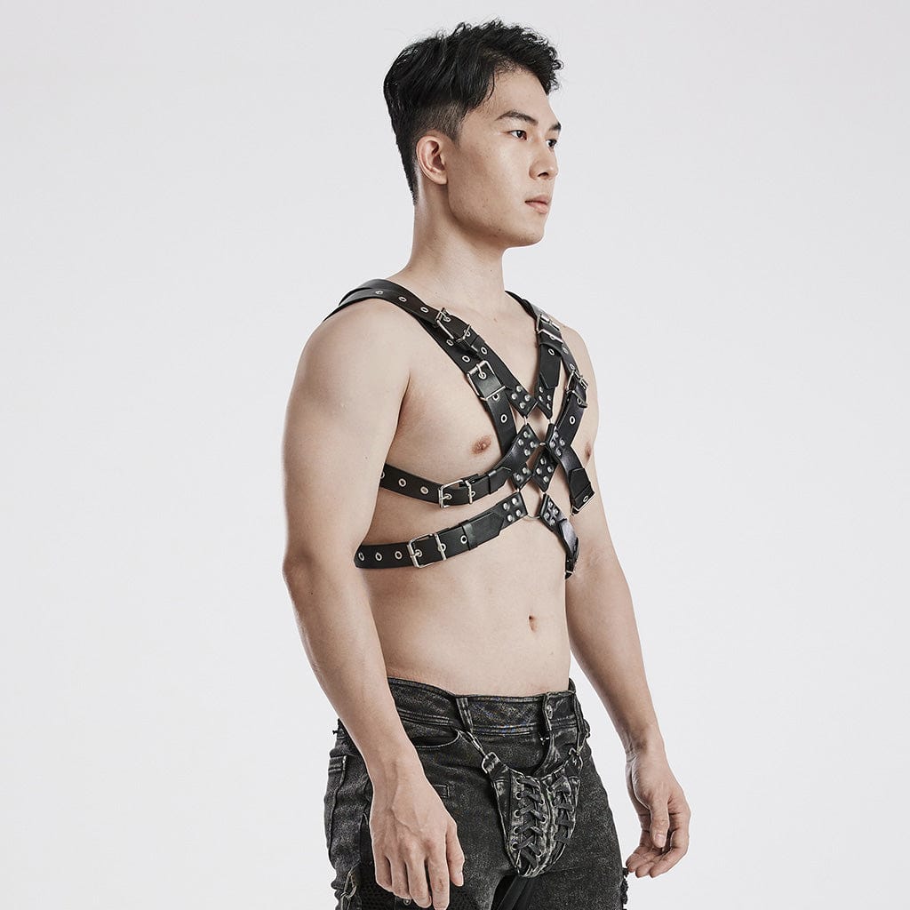 PUNK RAVE Men's Punk Crossed Faux Leather Harness