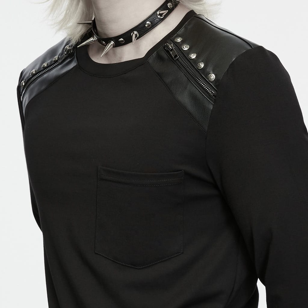 PUNK RAVE Men's Punk Embossed Stud Zipper Round Collar Long Sleeve Top