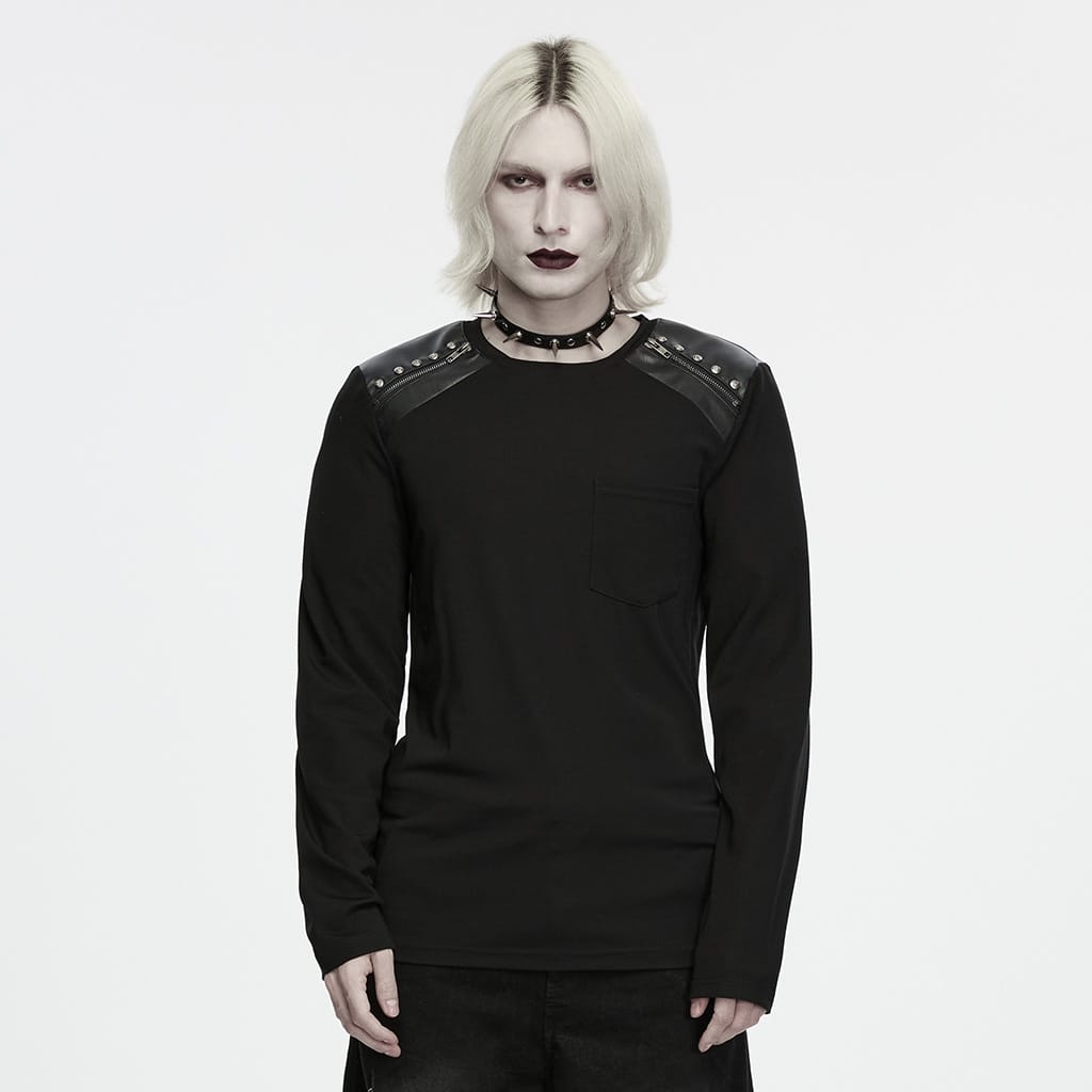 PUNK RAVE Men's Punk Embossed Stud Zipper Round Collar Long Sleeve Top