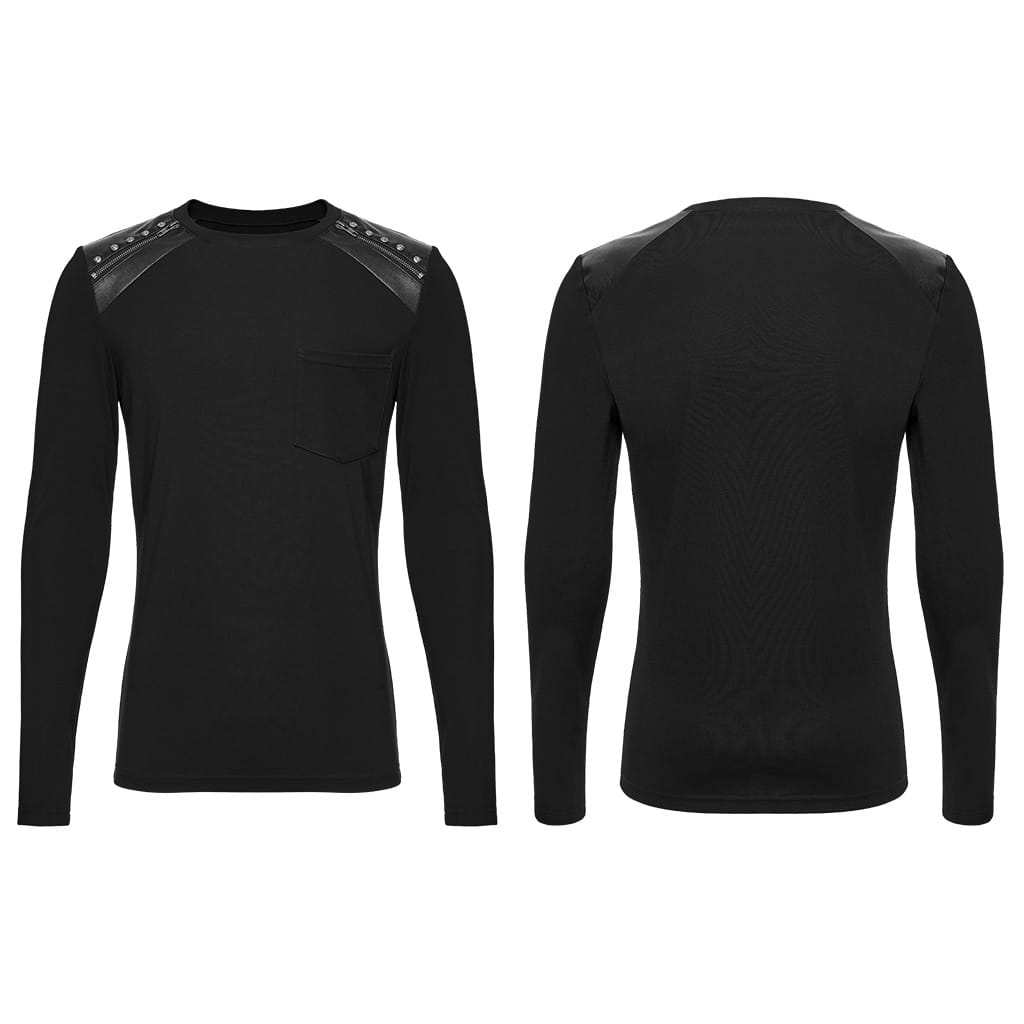 PUNK RAVE Men's Punk Embossed Stud Zipper Round Collar Long Sleeve Top