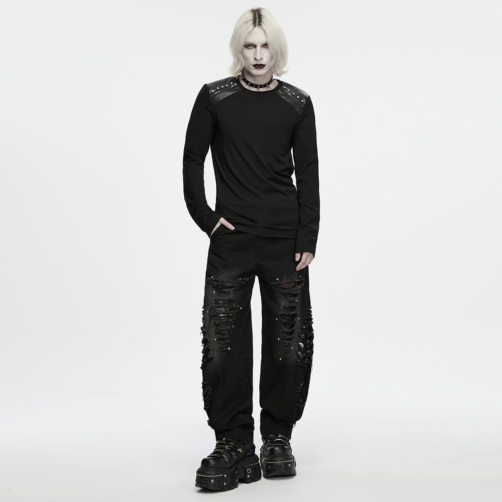 PUNK RAVE Men's Punk Embossed Stud Zipper Round Collar Long Sleeve Top