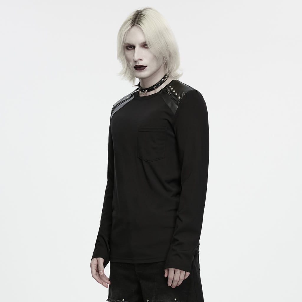 PUNK RAVE Men's Punk Embossed Stud Zipper Round Collar Long Sleeve Top