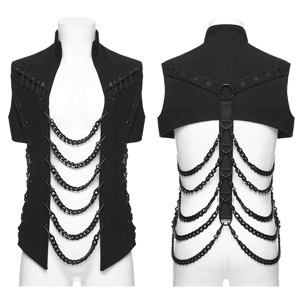PUNK RAVE Men's Punk Eyelet Chain Safety Pin Stand Collar Vest