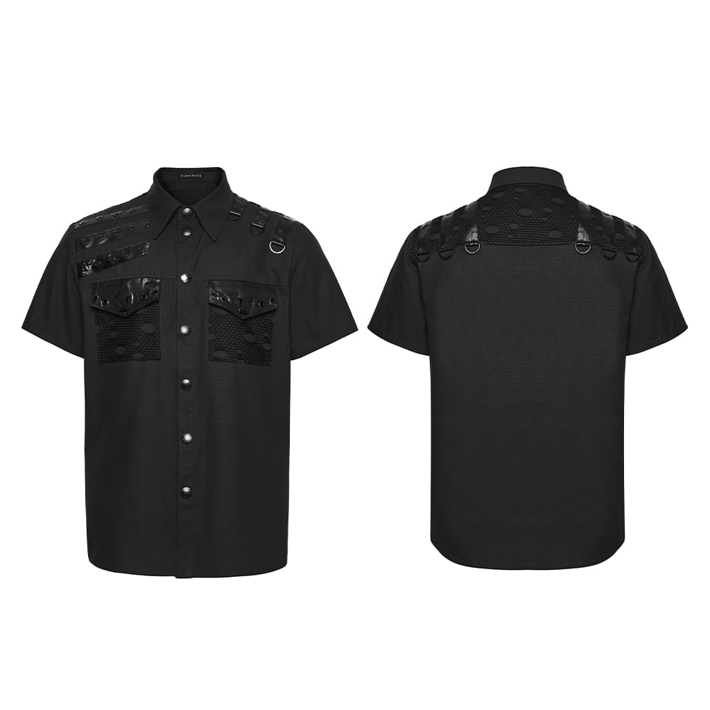 PUNK RAVE Men's Punk Eyelet D-ring Short Sleeved Shirt Black