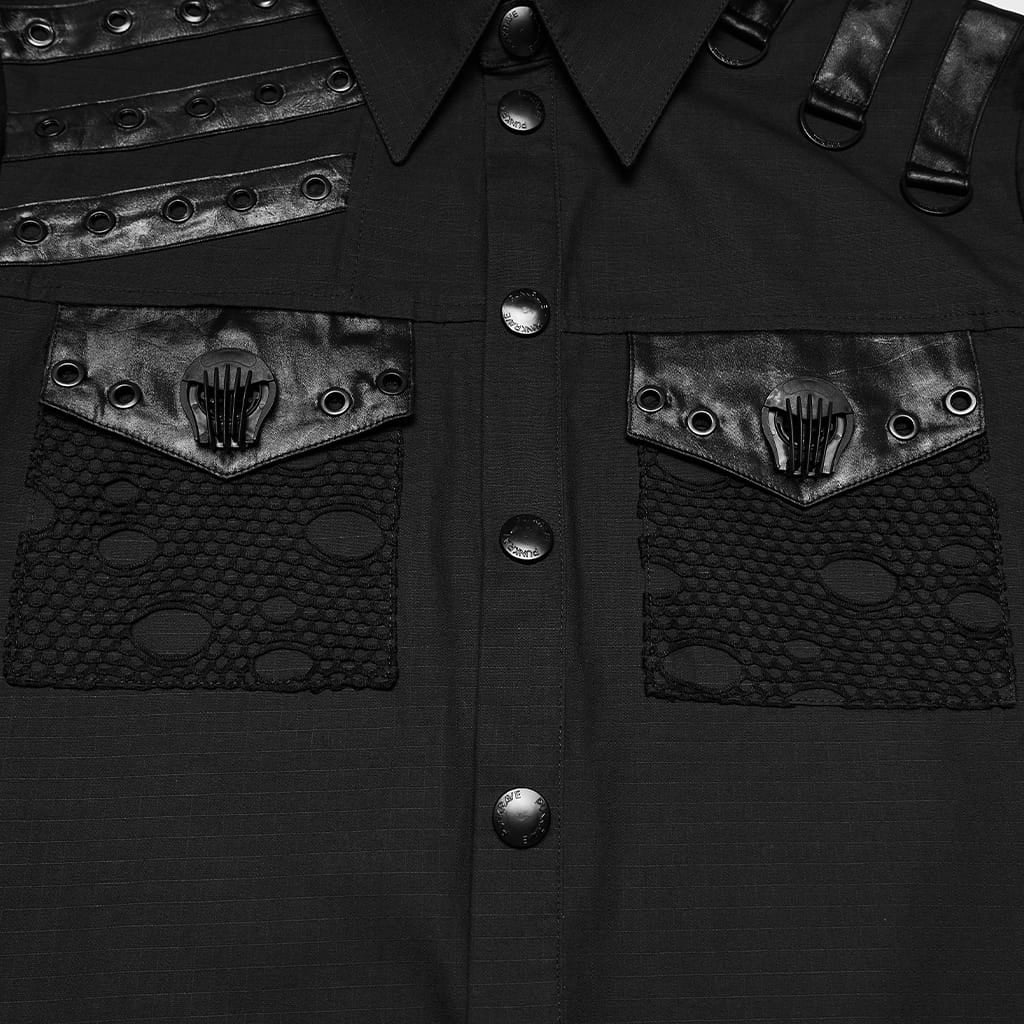 PUNK RAVE Men's Punk Eyelet D-ring Short Sleeved Shirt Black