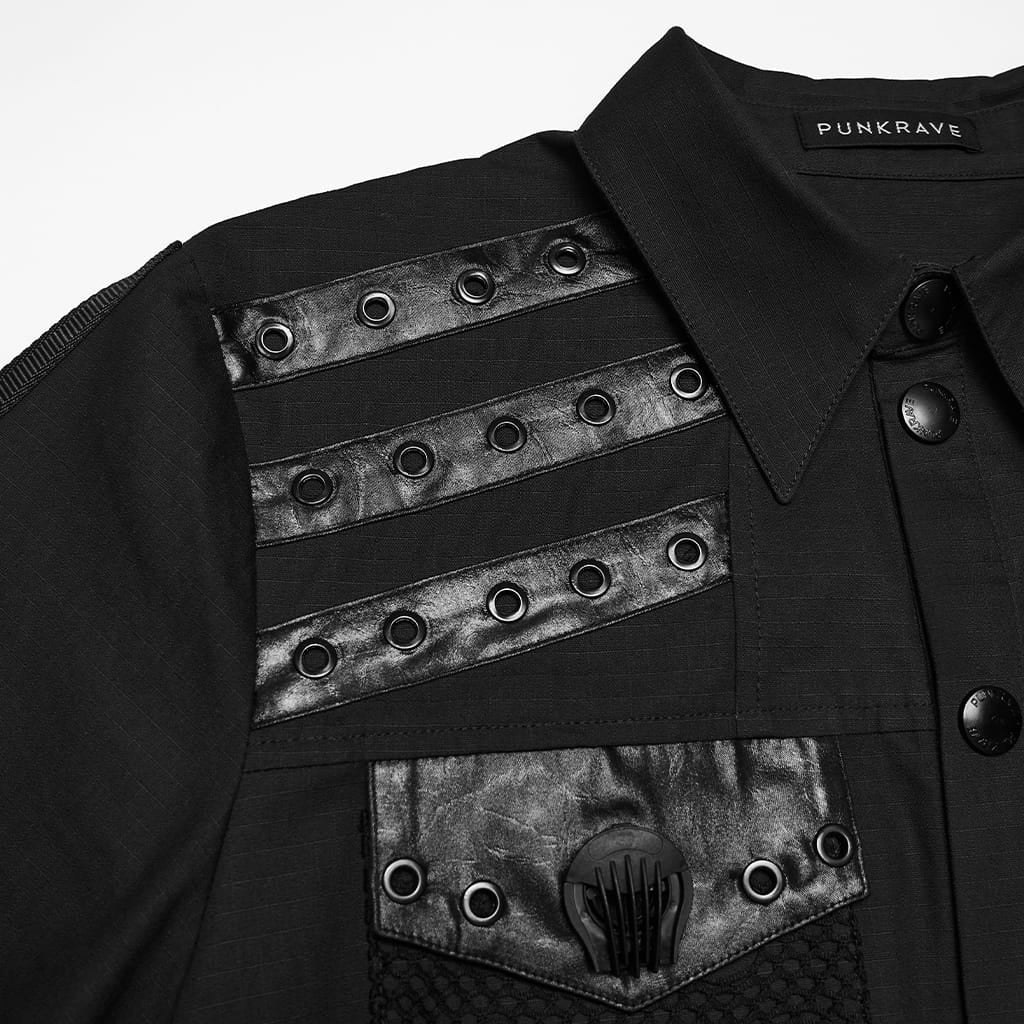 PUNK RAVE Men's Punk Eyelet D-ring Short Sleeved Shirt Black