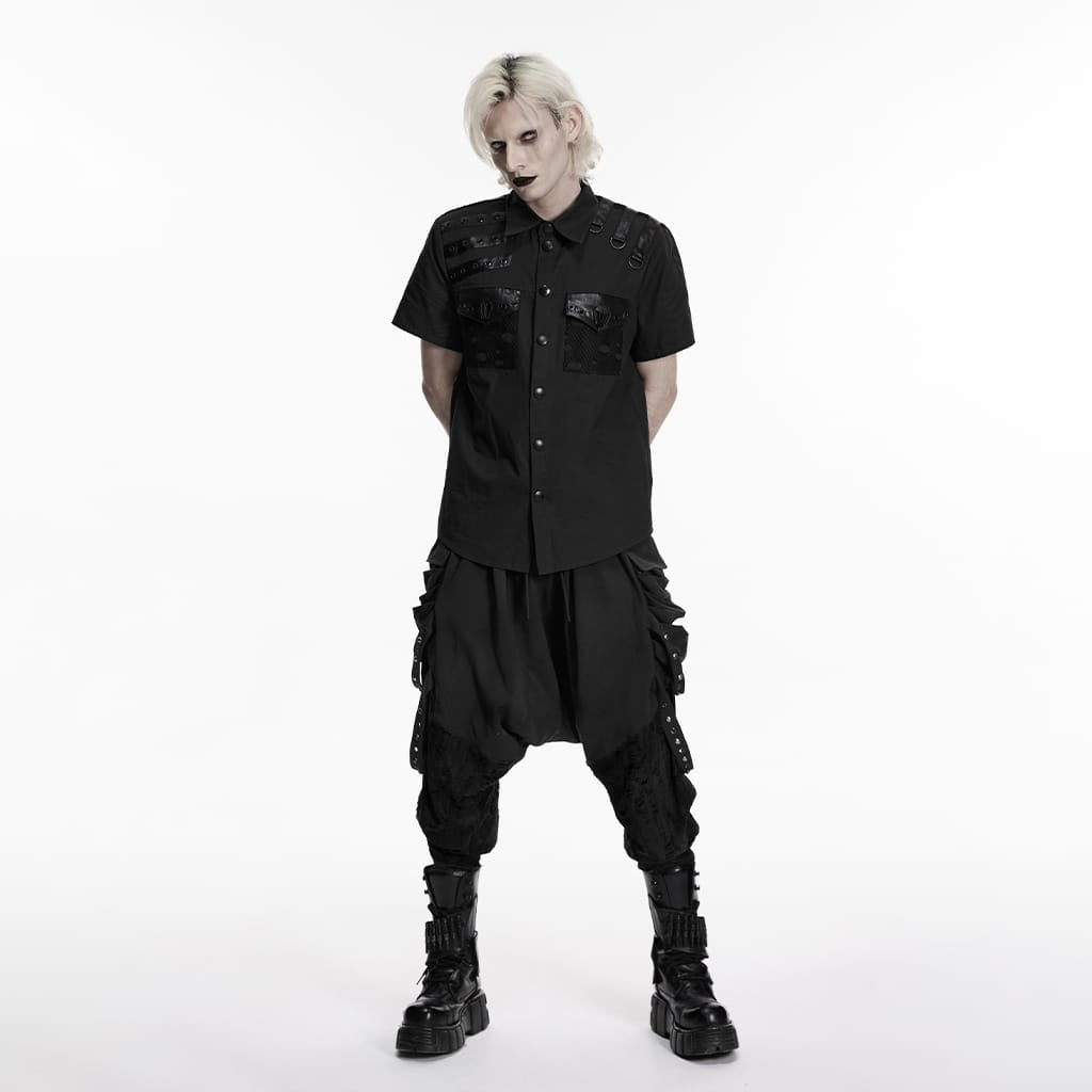 PUNK RAVE Men's Punk Eyelet D-ring Short Sleeved Shirt Black