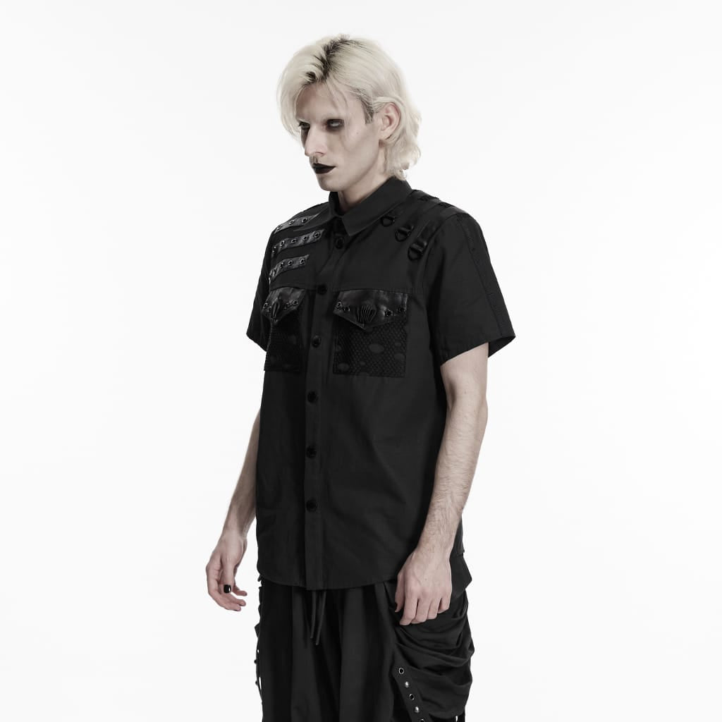 PUNK RAVE Men's Punk Eyelet D-ring Short Sleeved Shirt Black