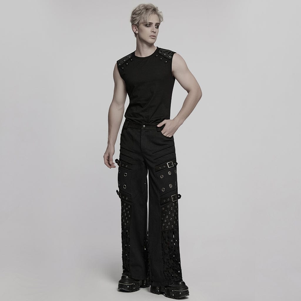 PUNK RAVE Men's Punk Eyelet Ripped Straight Pants