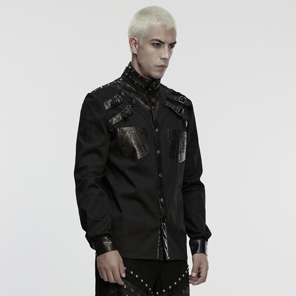 PUNK RAVE Men's Punk Eyelet Rivet Buckle-up Strap Stand Collar Shirt