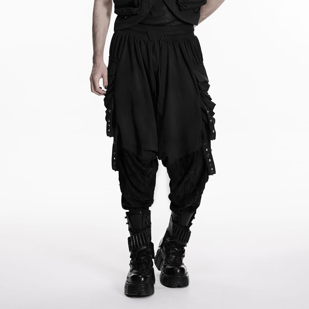PUNK RAVE Men's Punk Eyelet & Rivet Strap Distressed Drop-crotch Pants Black