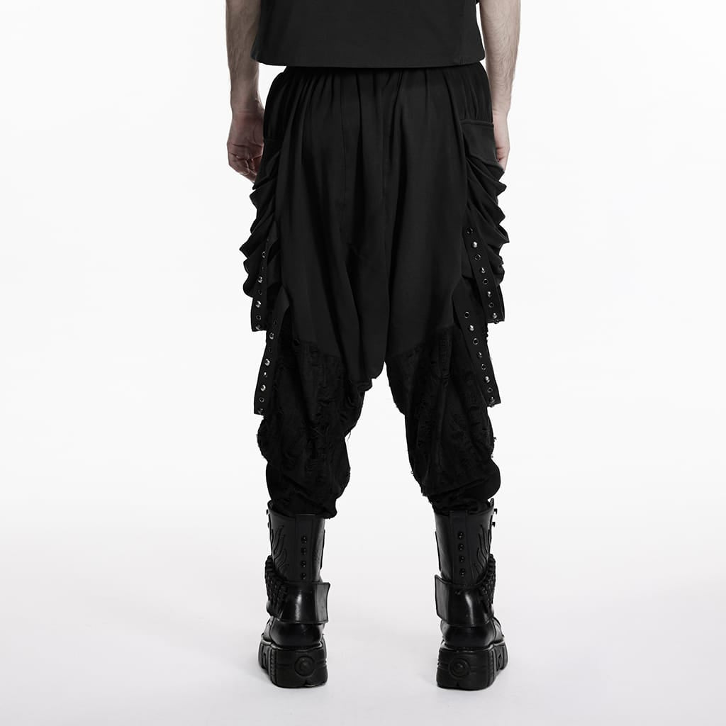 PUNK RAVE Men's Punk Eyelet & Rivet Strap Distressed Drop-crotch Pants Black
