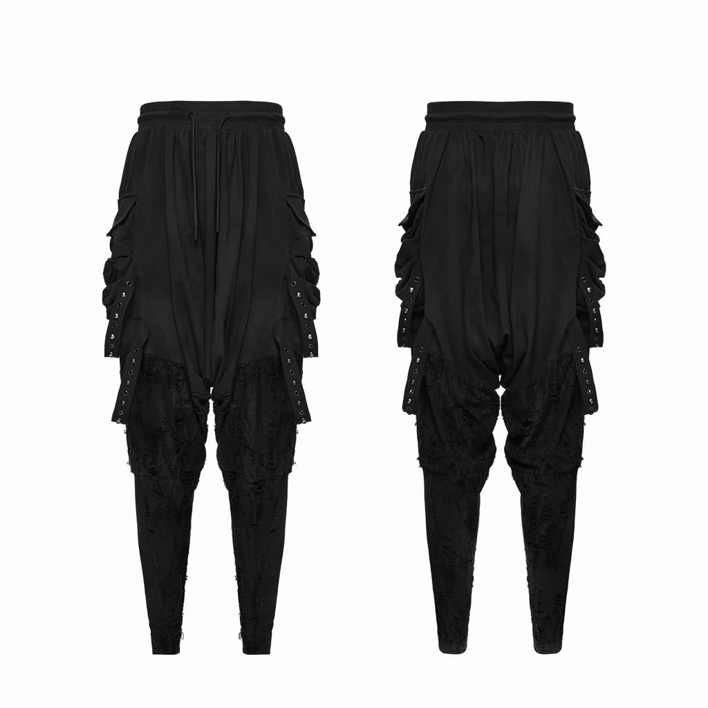 PUNK RAVE Men's Punk Eyelet & Rivet Strap Distressed Drop-crotch Pants Black