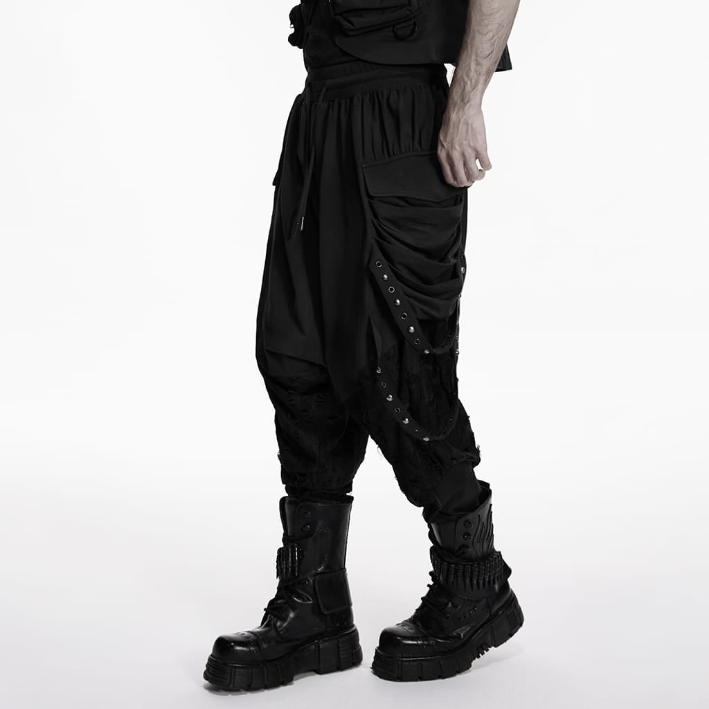 PUNK RAVE Men's Punk Eyelet & Rivet Strap Distressed Drop-crotch Pants Black