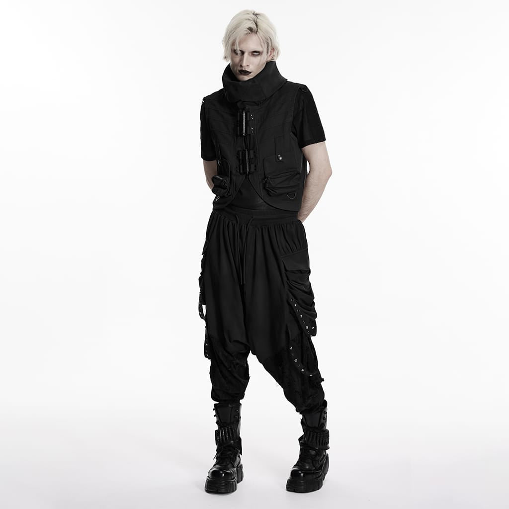PUNK RAVE Men's Punk Eyelet & Rivet Strap Distressed Drop-crotch Pants Black
