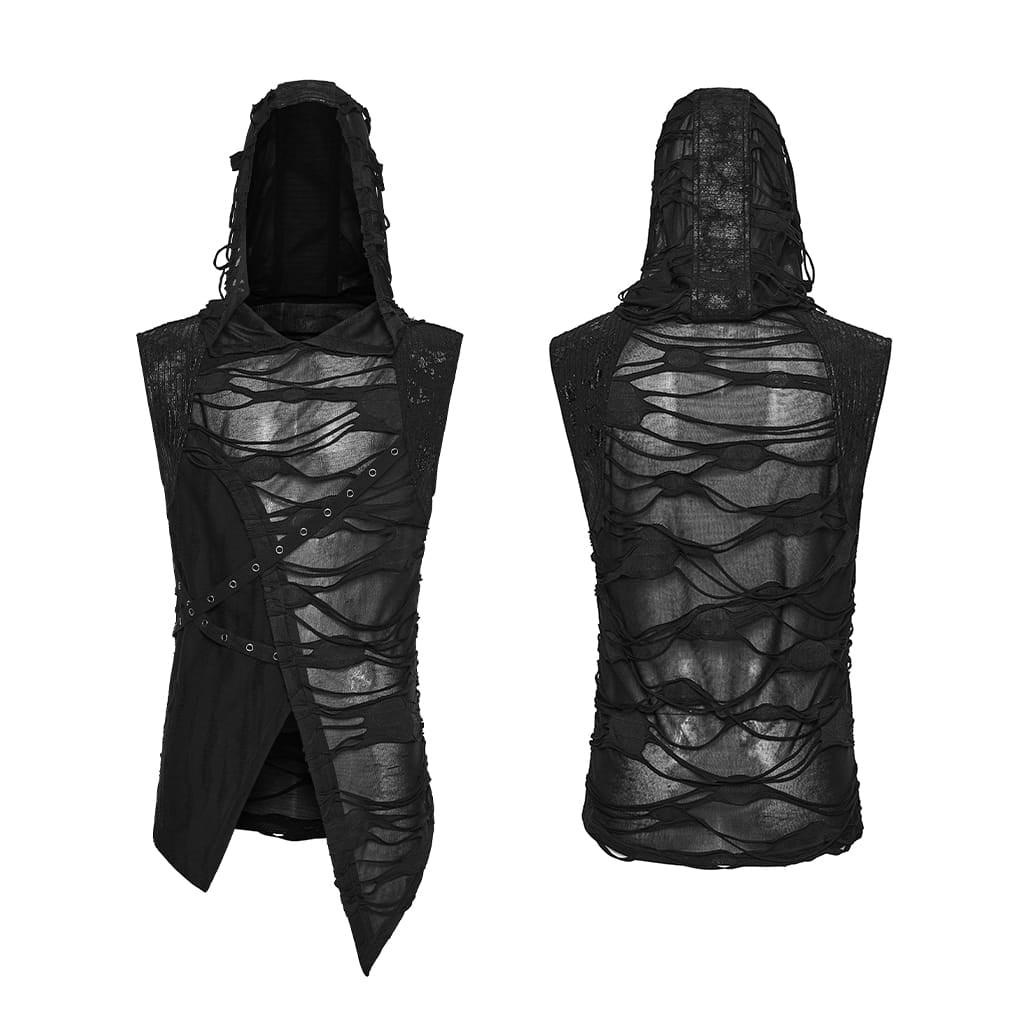 PUNK RAVE Men's Punk Eyelet Strap Tattered Hooded Tank Top Black