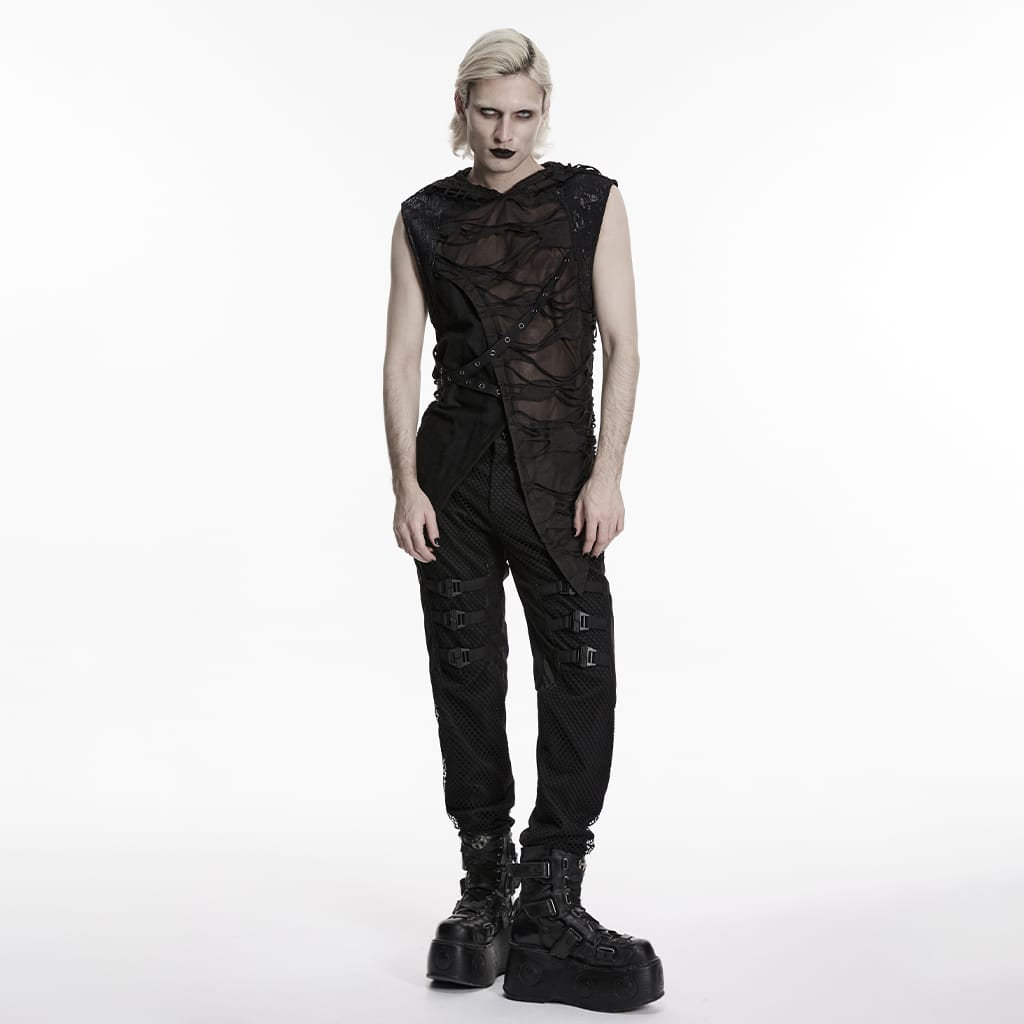 PUNK RAVE Men's Punk Eyelet Strap Tattered Hooded Tank Top Black