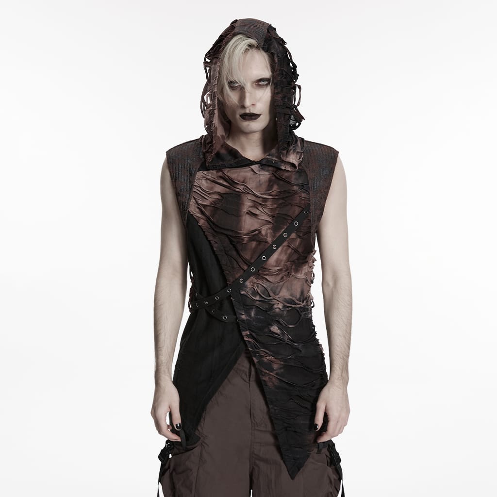 PUNK RAVE Men's Punk Eyelet Strap Tattered Hooded Tank Top Black-Coffee