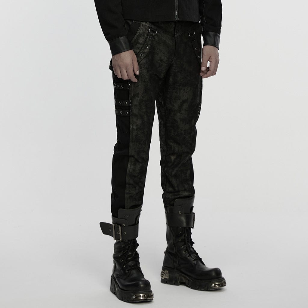 PUNK RAVE Men's Punk Eyelet Straps Mottled Printed Pants